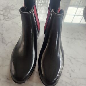 Ralph Lauren Black Chelsea Rain Boots with Red Elastic Panels